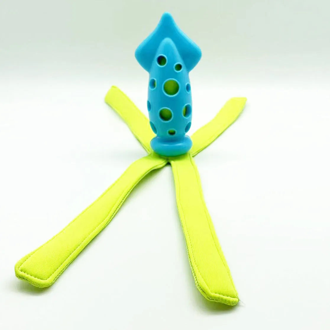 Blue dog chew toy shaped like a cuttlefish with squeaker for teeth cleaning and interactive play