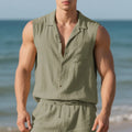 Sleeveless linen polo collar cardigan vest in solid colour, loose fit, front view