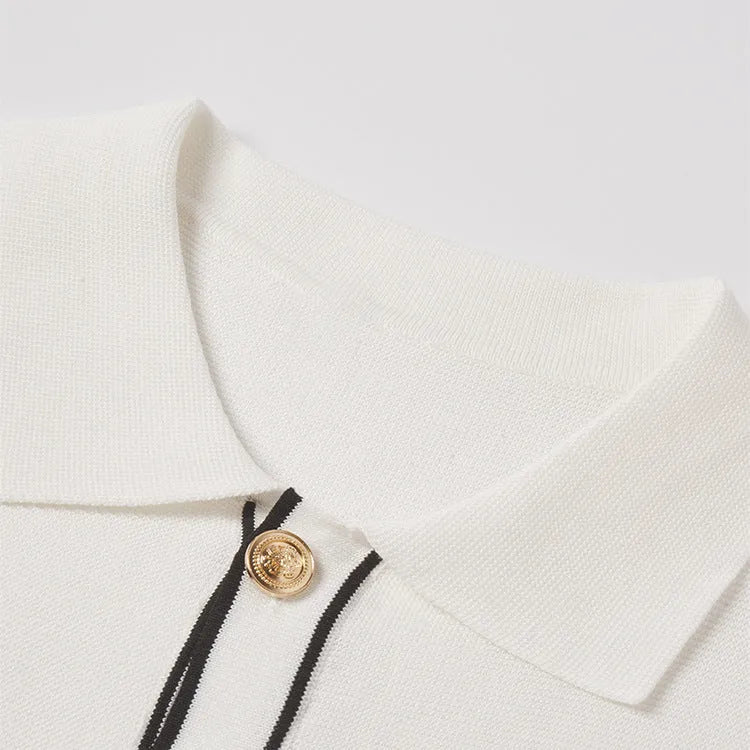 White short-sleeve cardigan with contrast colour lapels in old money style