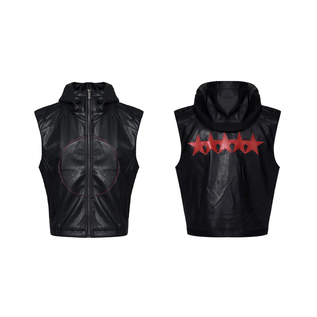 Short hood slim fit men's PU leather waistcoat in black with five-pointed star detail