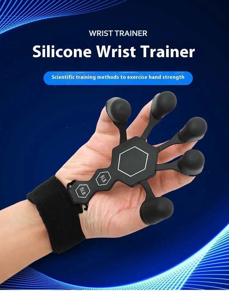 Gray silicone 5-finger rehabilitation hand trainer for grip strength exercises on a plain background