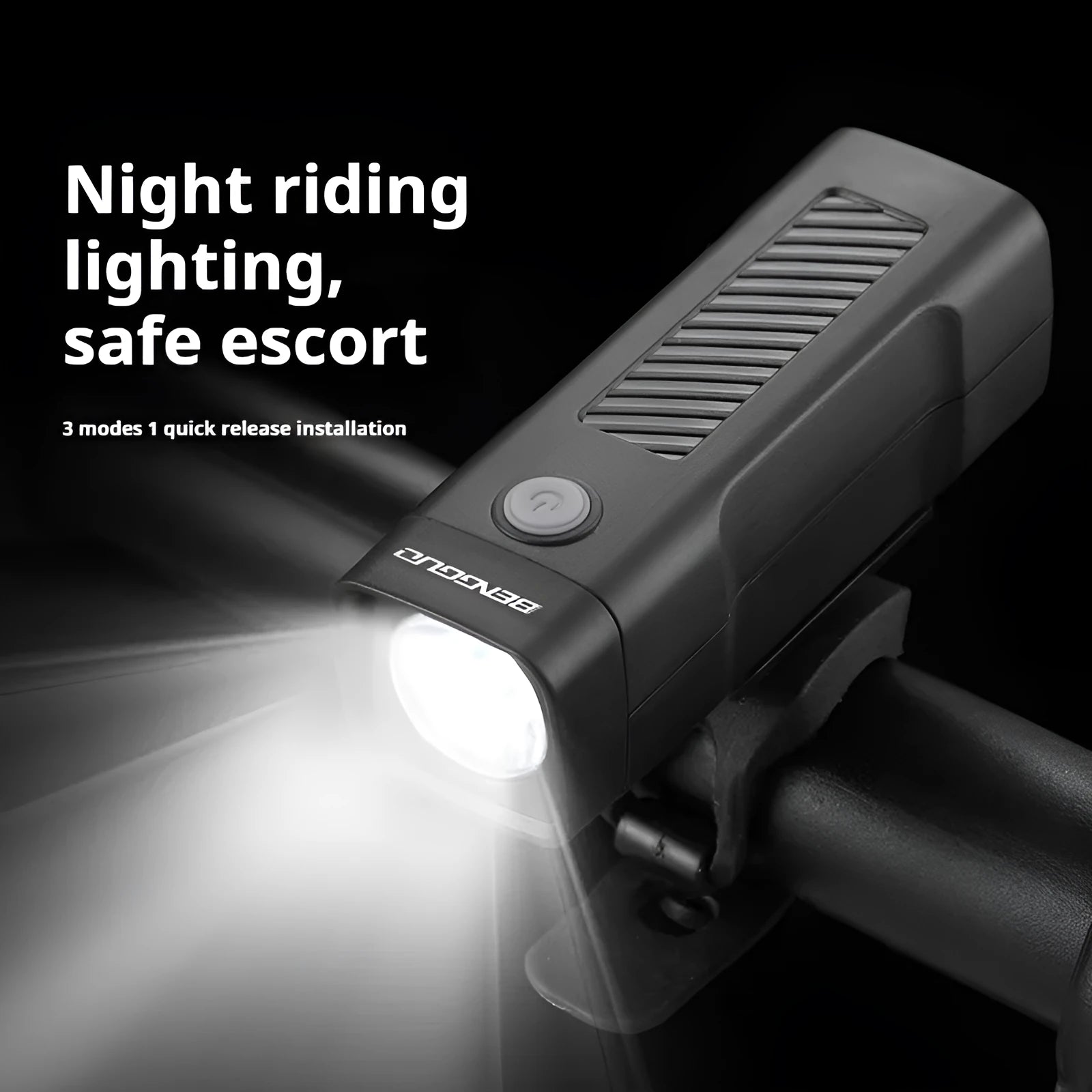 Black bicycle headlight with LED lens mounted on handlebars via a quick-release strap bracket.