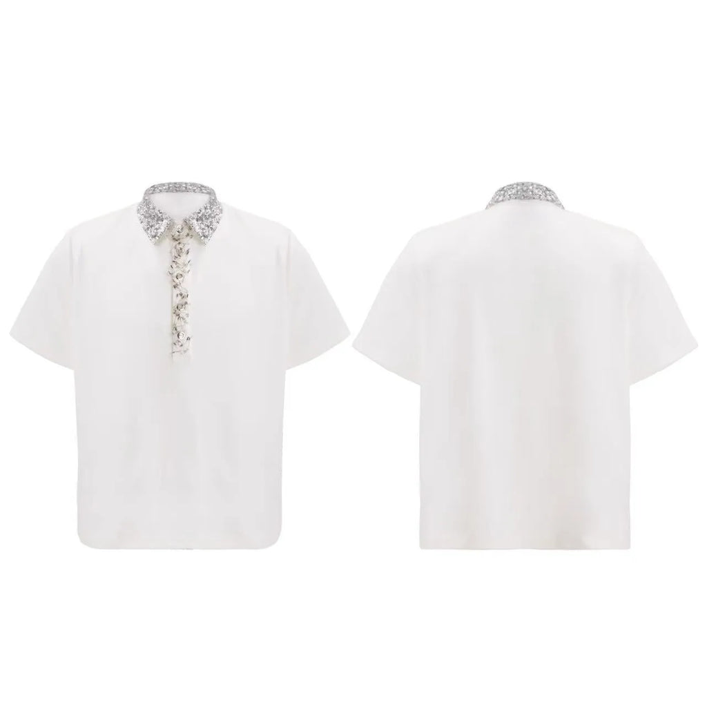 Men's black loose polo t-shirt with embroidered square collar featuring sequins detailing and short sleeves