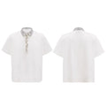Men's black loose polo t-shirt with embroidered square collar featuring sequins detailing and short sleeves