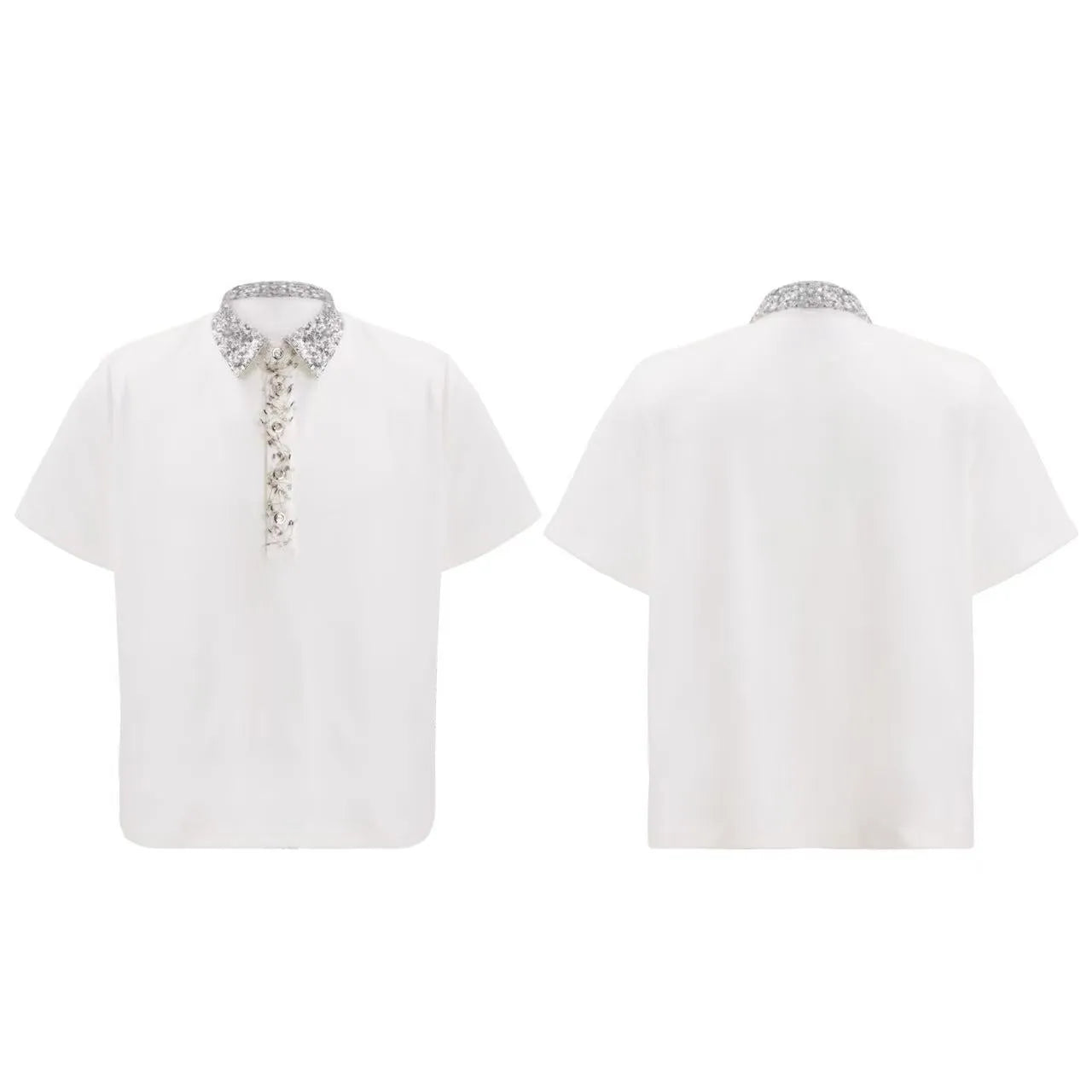 Men's black loose polo t-shirt with embroidered square collar featuring sequins detailing and short sleeves