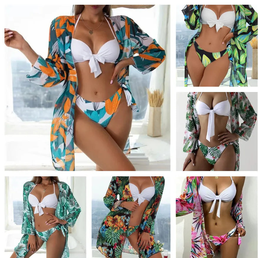 Women's three-piece mesh split bikini swimsuit set with coordinating coat