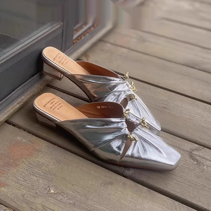 Genuine leather women's half toe cap slippers in gold with low TPR sole and square toe shape