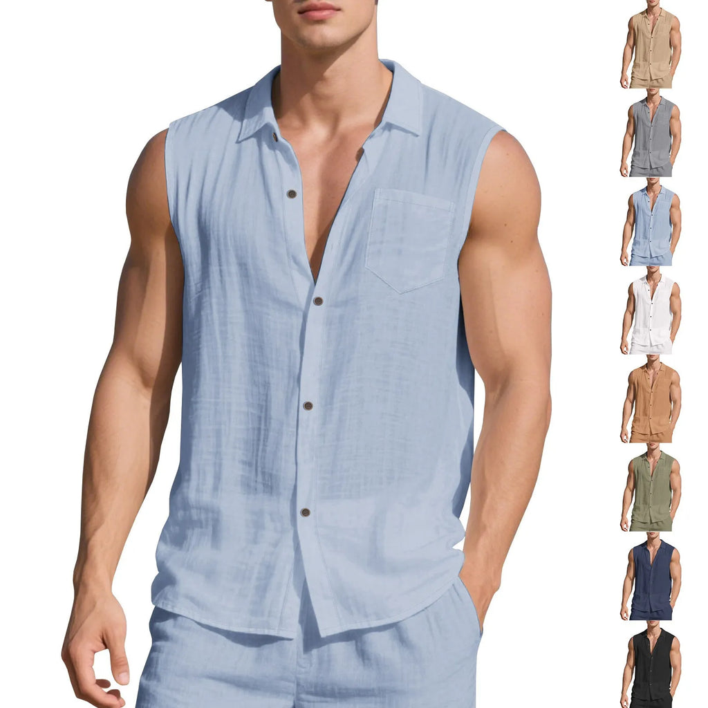 Sleeveless linen polo collar cardigan vest in solid colour, loose fit, front view
