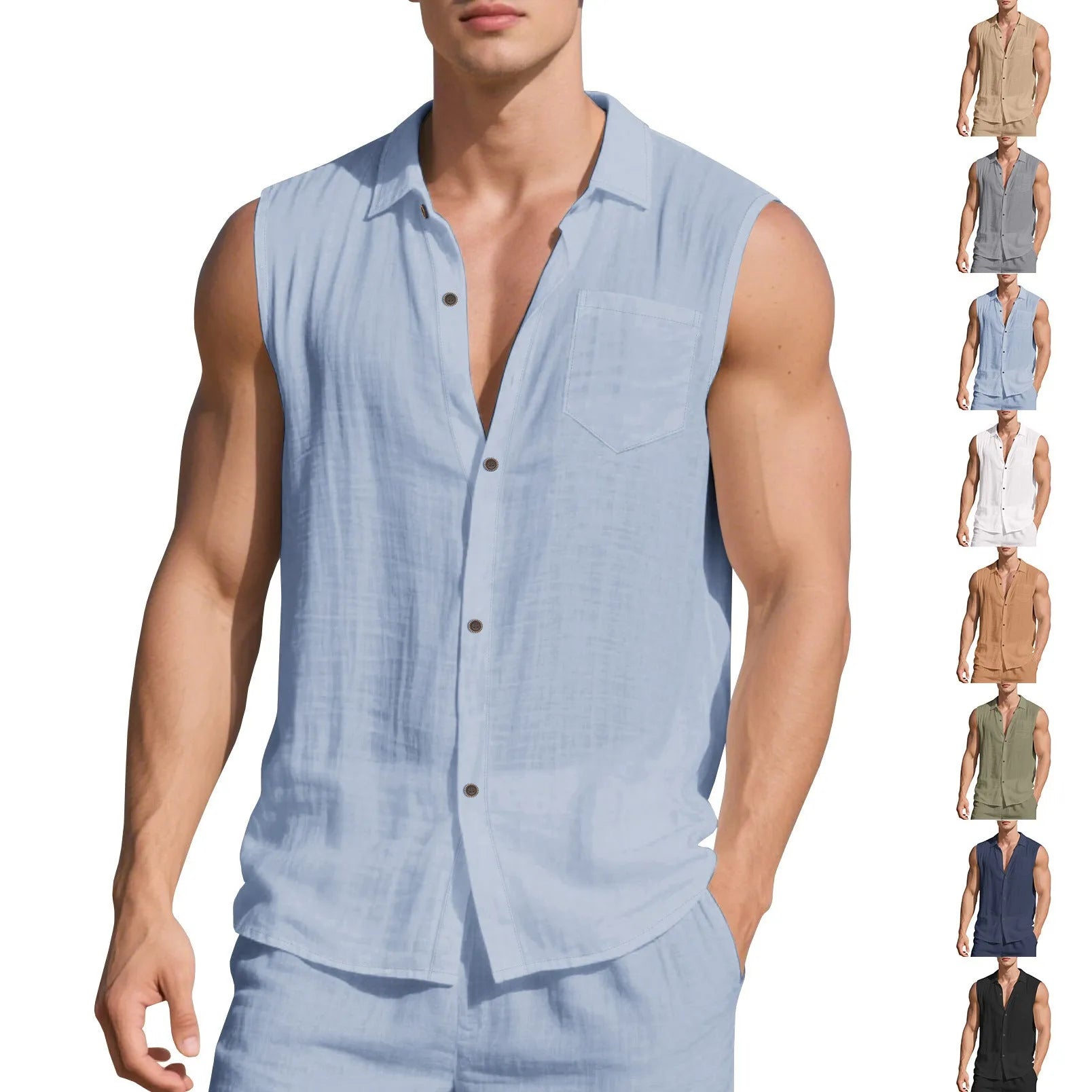 Sleeveless linen polo collar cardigan vest in solid colour, loose fit, front view