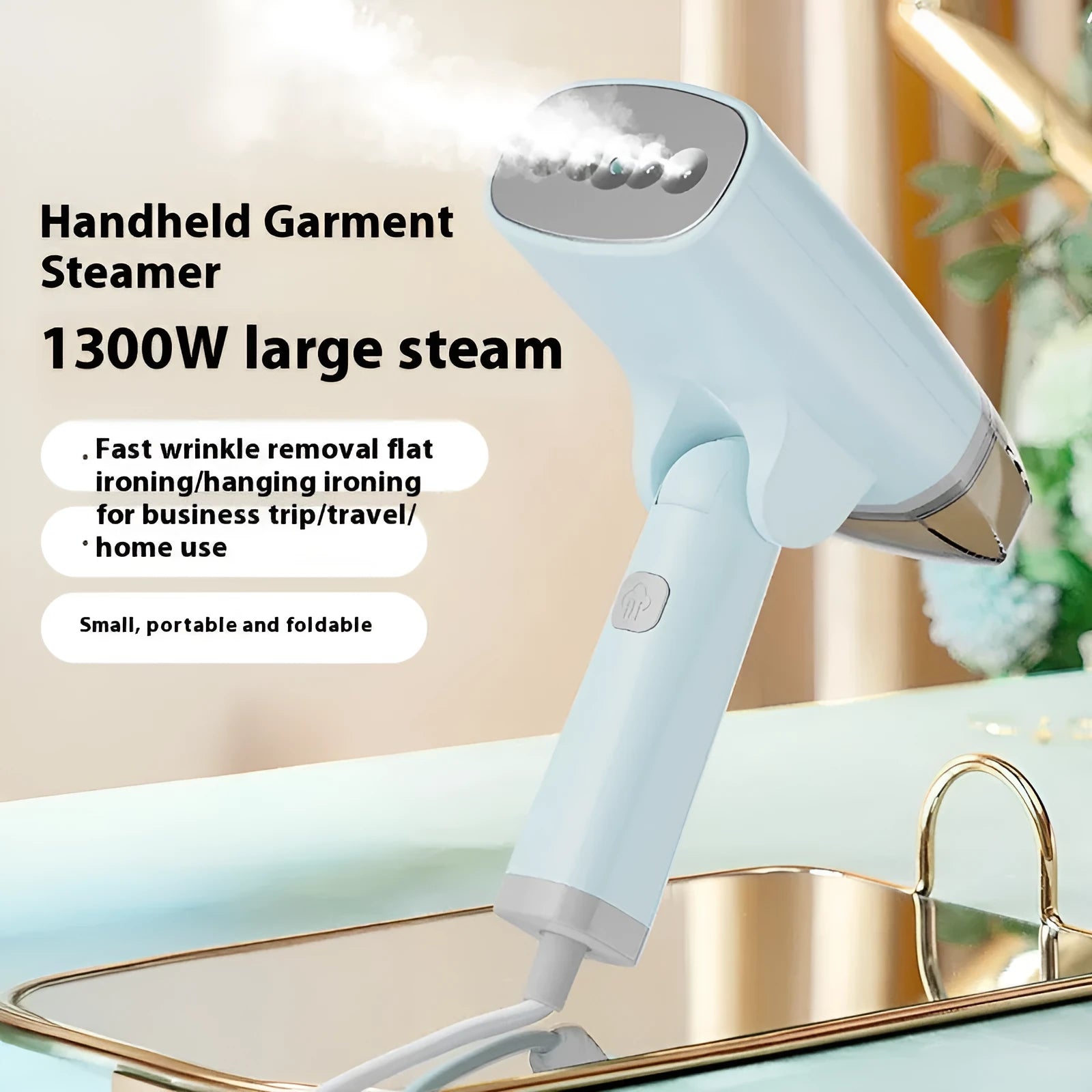 Blue and white handheld garment steamer with temperature control dial and compact 196mm design