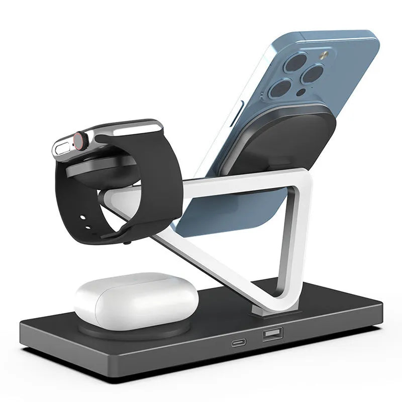 Black and white five-in-one wireless charging night lamp with magnetic phone bracket and circular base.