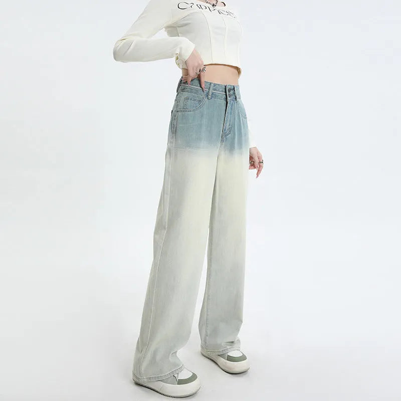 Women's gradient blue straight-leg trousers in denim fabric with wide leg silhouette