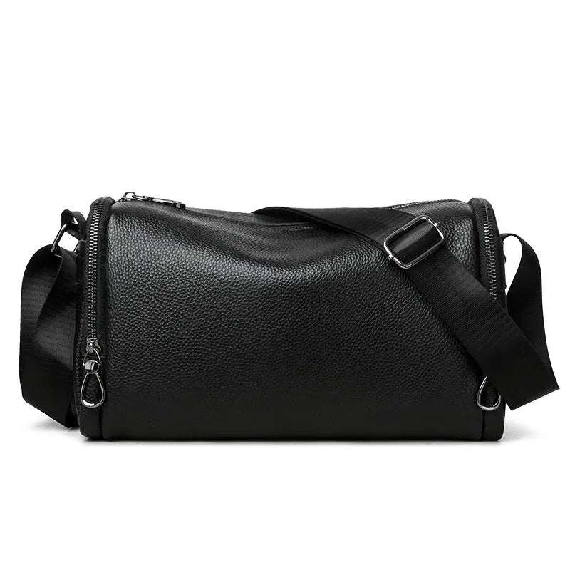 Genuine leather crossbody bag for men, black, with stitching detail and large capacity for business travel