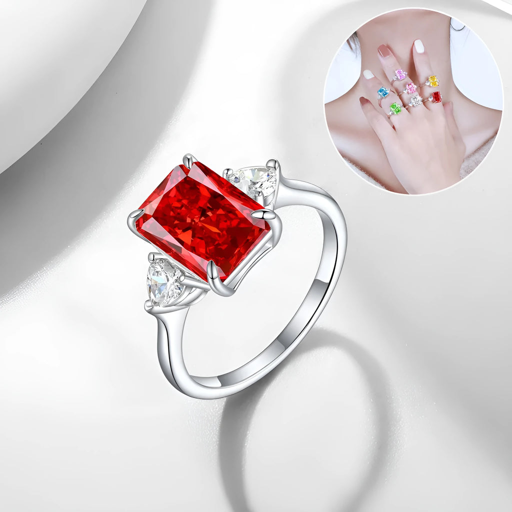 S925 silver rectangular rhinestone ring in eight colours, US sizes 5-10
