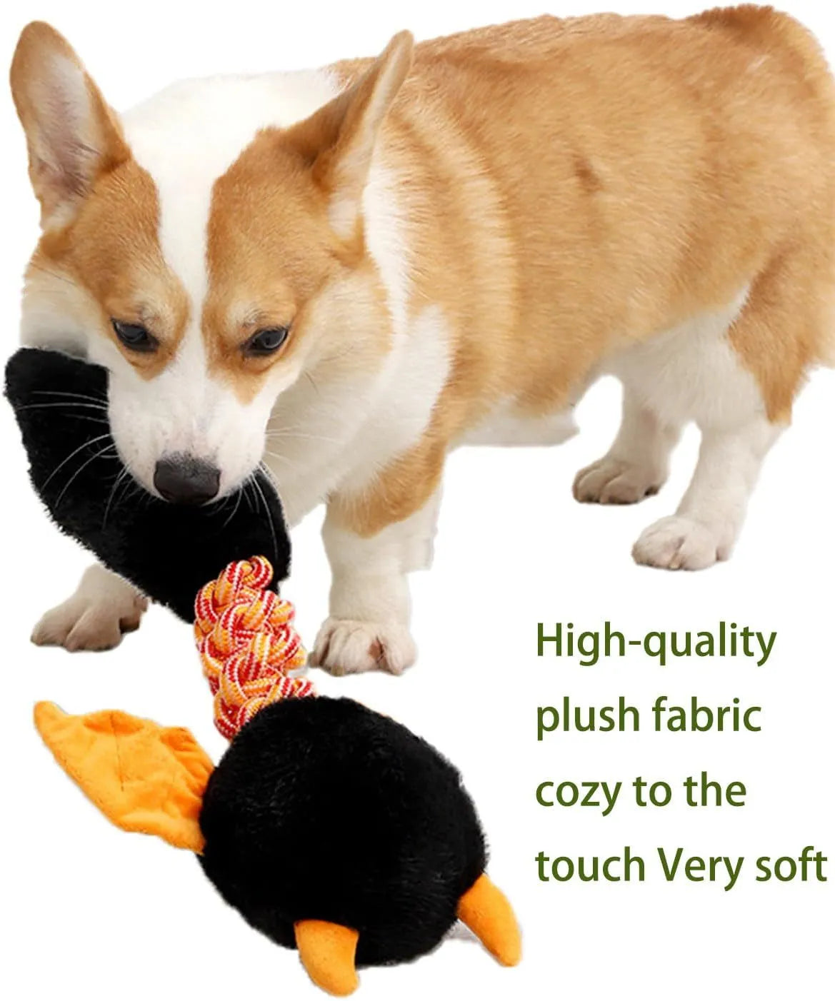 Plush cartoon dog toy with rope knot, in black, green, or red colour, shown next to a tape measure indicating 44 cm length.