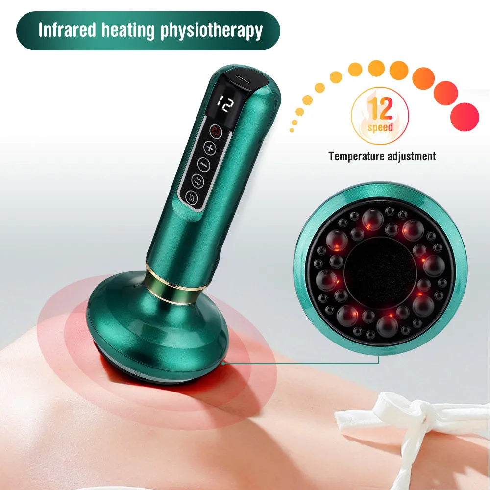 Green electric vacuum cupping massager with USB charger and instruction manual