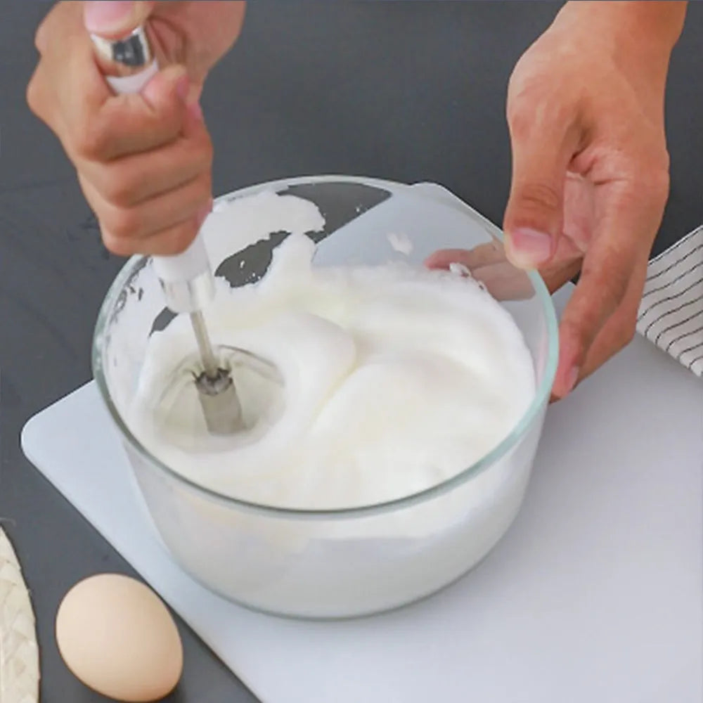 Semi-automatic stainless steel egg beater whisk with hand pressure rotating handle, 10 steel wires, silvery and white colours