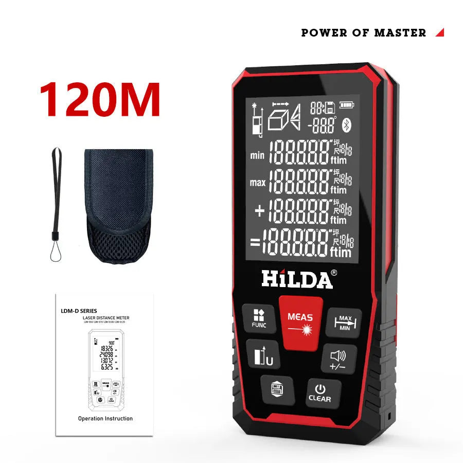 Handheld laser rangefinder for building measurement with plastic housing showing laser point display