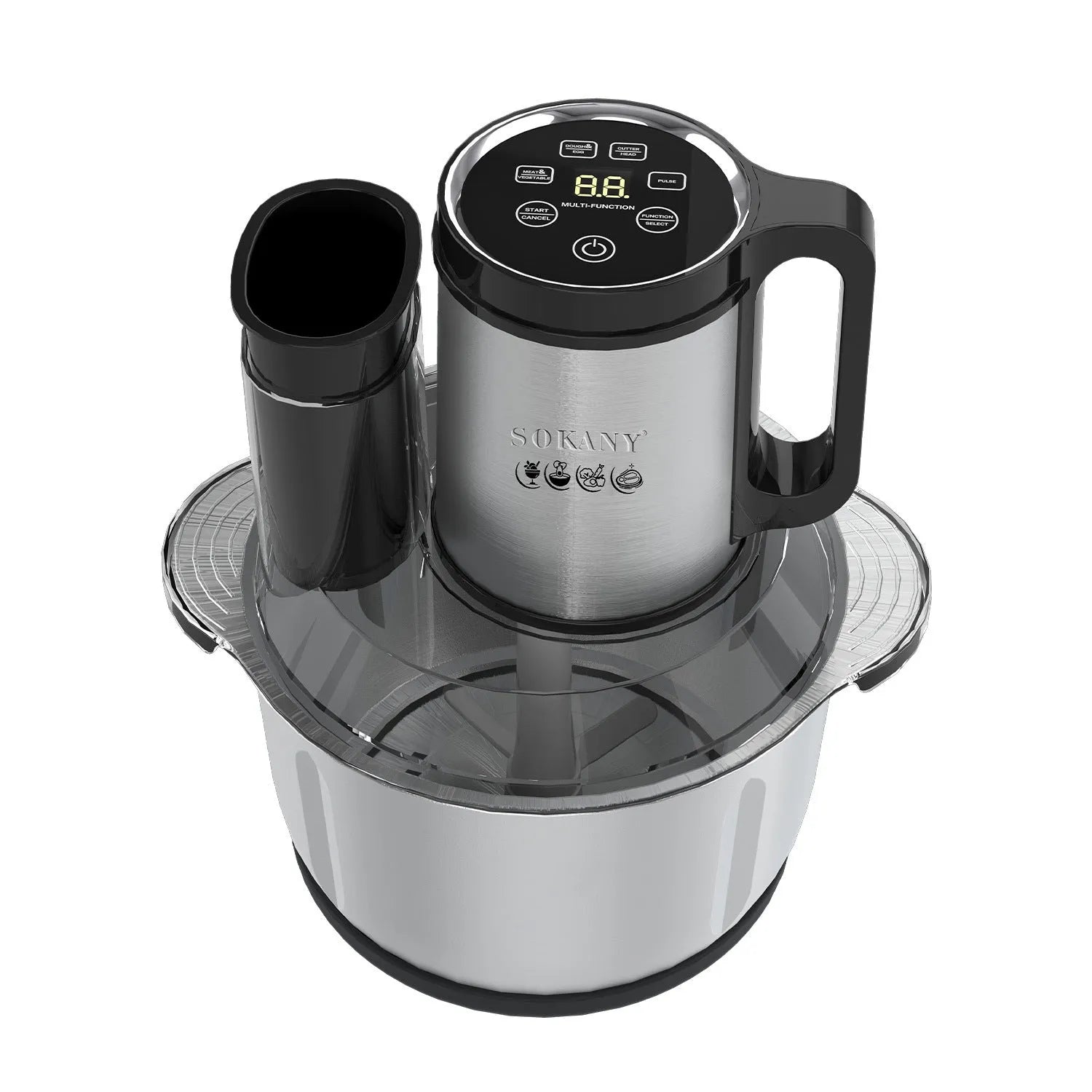 Dark metallic grey stainless steel meat grinder and vegetable cutter with 5L capacity bowl