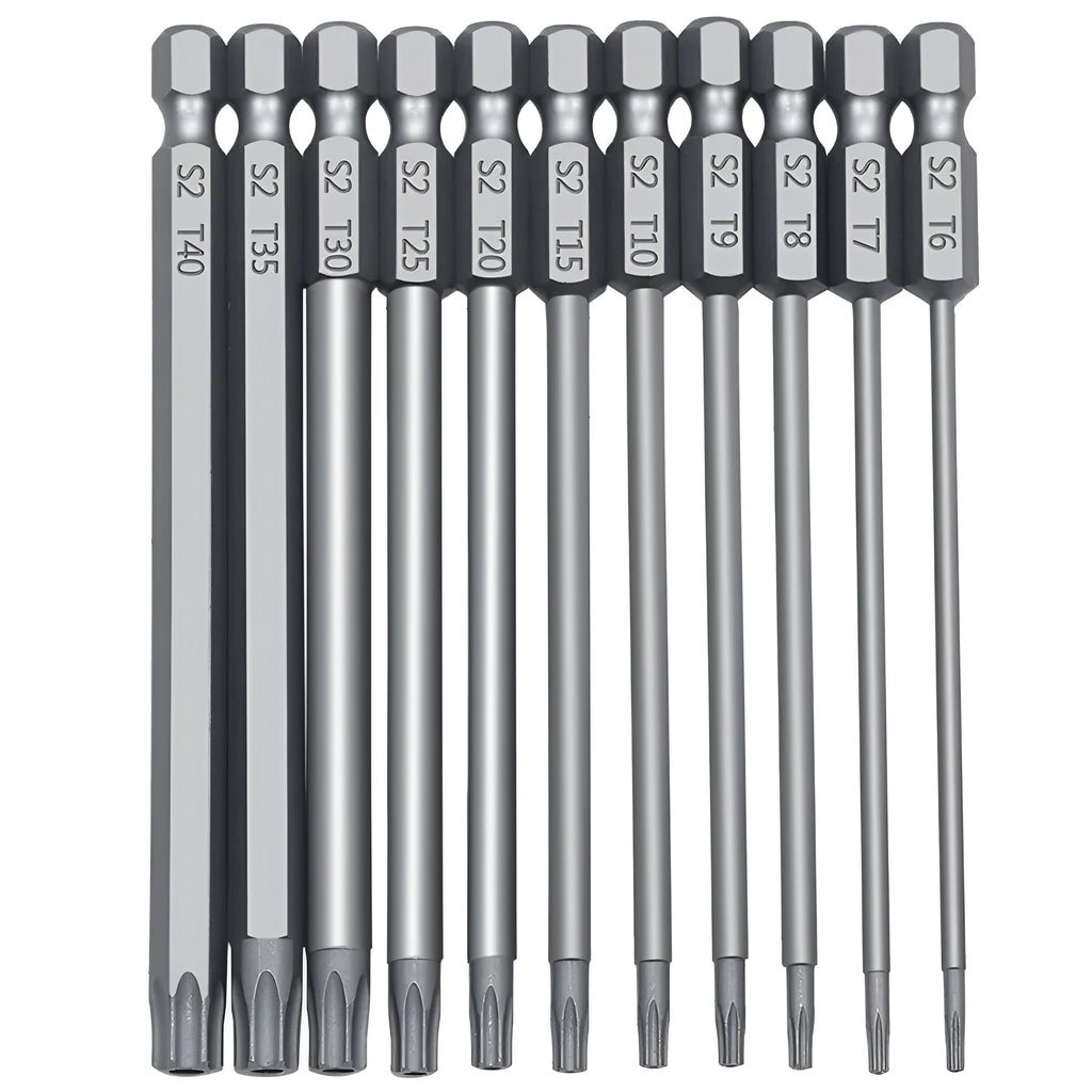 Alloy hexagon handle screwdriver bit set with plum blossom hollow bits in 50mm, 75mm, and 100mm lengths on a workbench