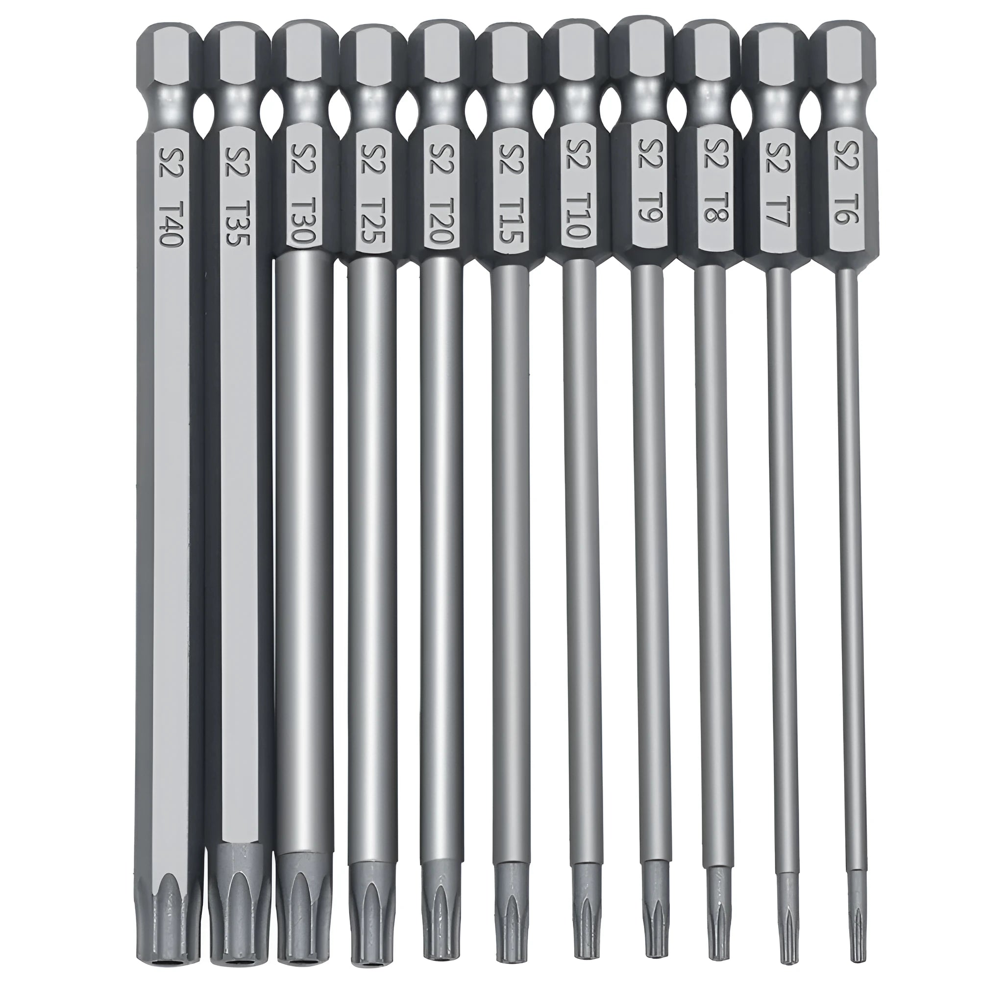 Alloy hexagon handle screwdriver bit set with plum blossom hollow bits in 50mm, 75mm, and 100mm lengths on a workbench