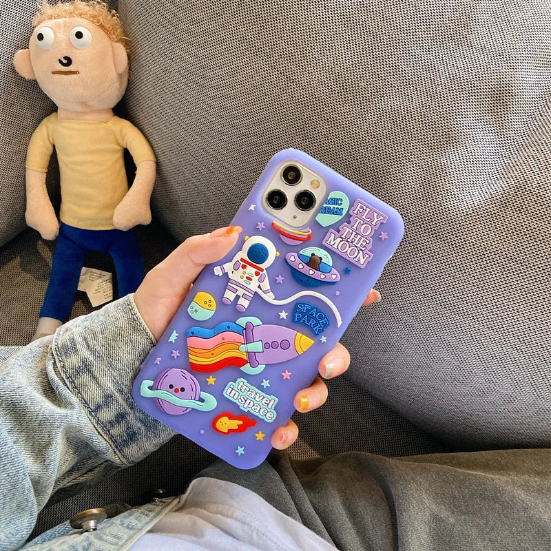 Purple silicone gel mobile phone case with spaceman astronaut cartoon design for iPhone