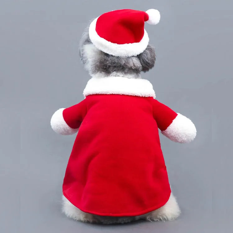 Red polar fleece pet Christmas costume with Santa Claus design on a standing dog