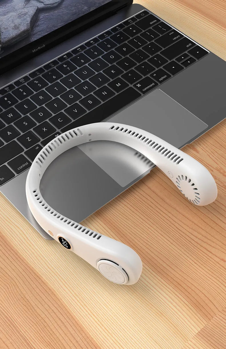 Blue portable bladeless neck fan with flexible collar and USB charging cable