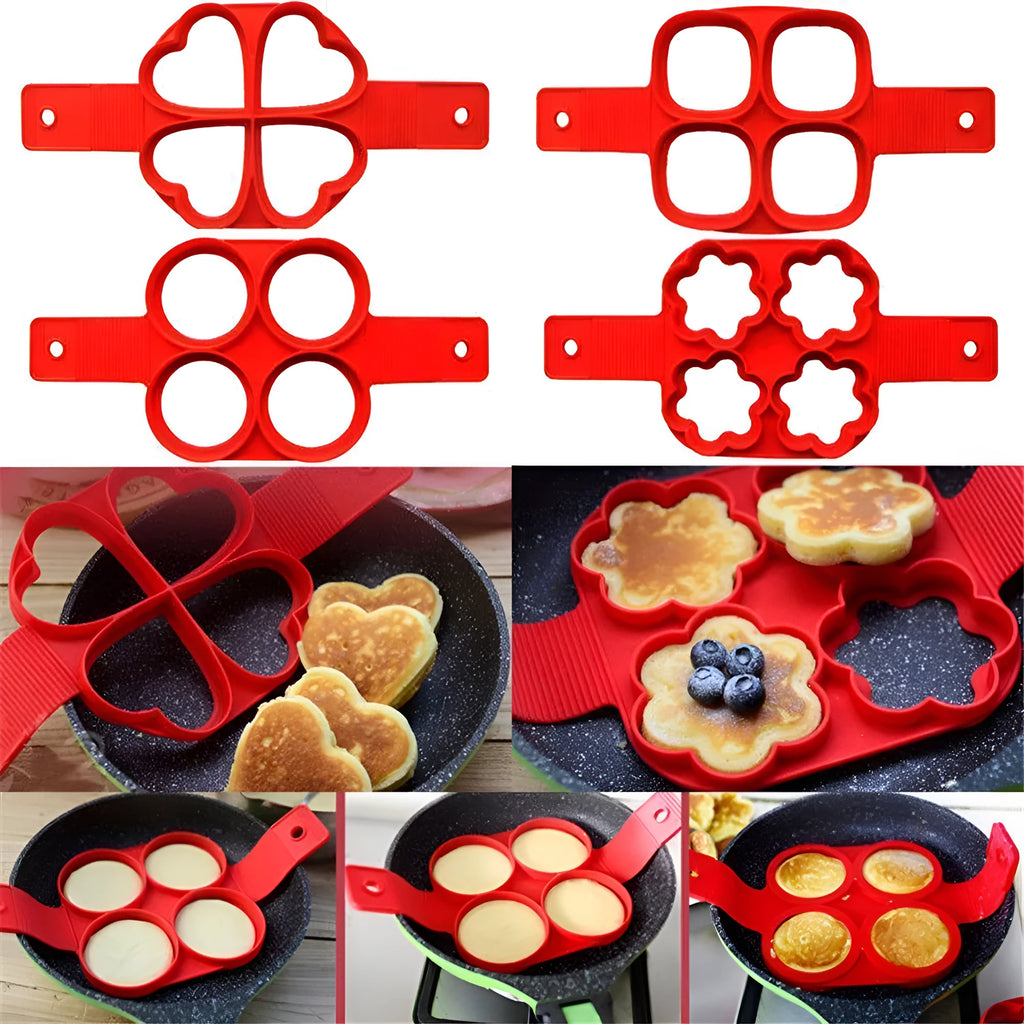 Red silicone nonstick pancake egg ring maker on a cooking surface with a round egg inside