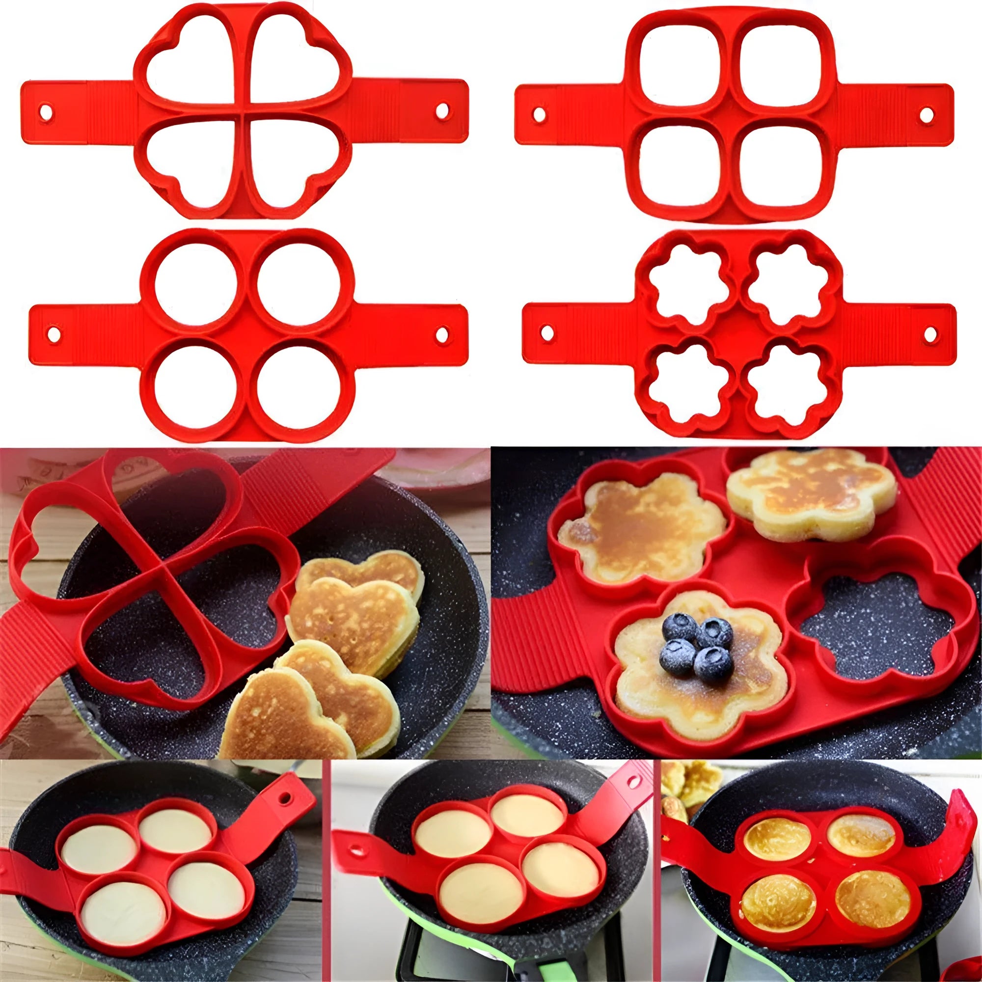 Red silicone nonstick pancake egg ring maker on a cooking surface with a round egg inside