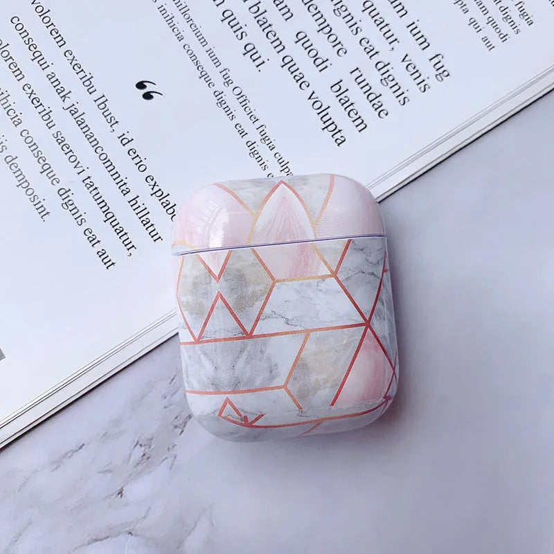 White marble patterned hard PC protective case compatible with Apple Airpods 1 and 2 charging box