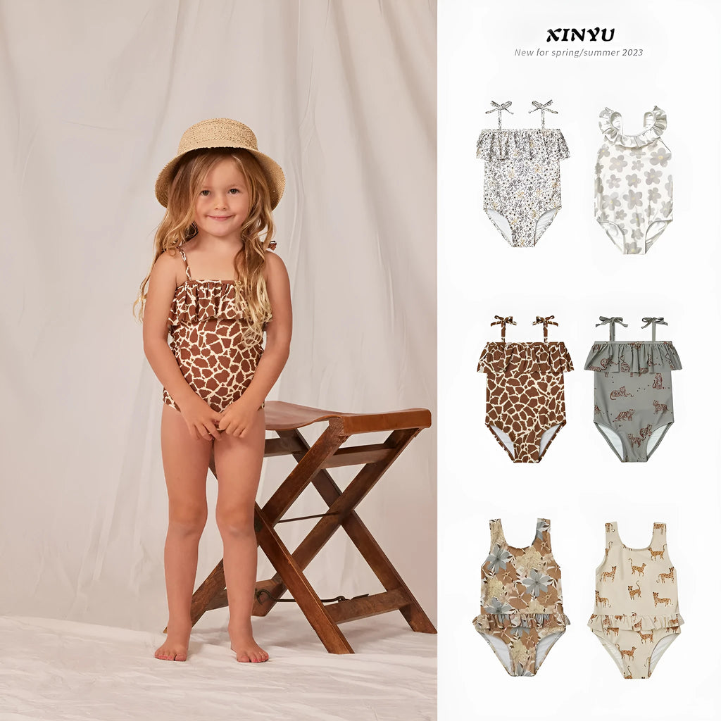 Children's high elastic polyester one-piece swimsuit in brown stripe option for girls aged 1-8