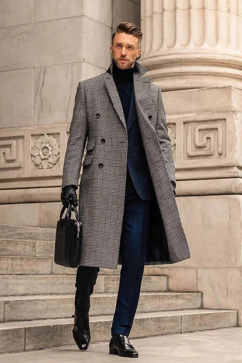 Grey check double breasted wool overcoat with suit collar and horn clasp, medium length men's winter coat