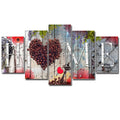 Frameless Home Sweet Home decoration board set in red on oil painting material, five panels arranged on a wall