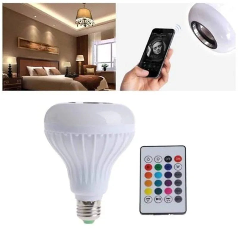White E27 smart LED bulb with Bluetooth speaker and remote control for 16 colour lights.