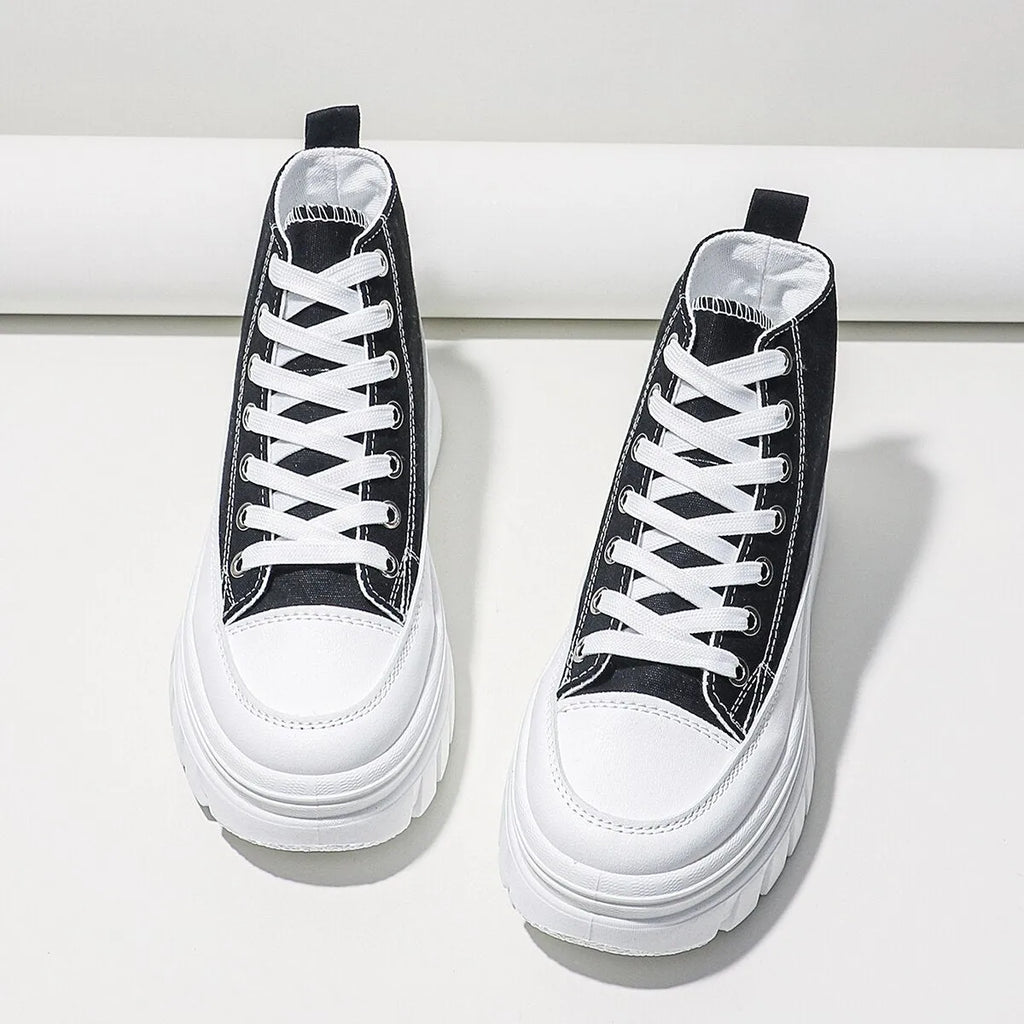 Women black lace-up high top flatform canvas shoes with height increasing insole and T-strap detail