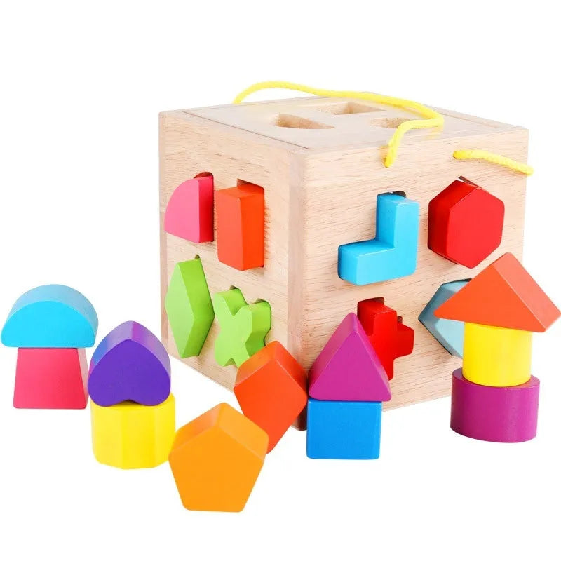 Wooden geometric shape matching building blocks with 19-hole intelligence box for infant education