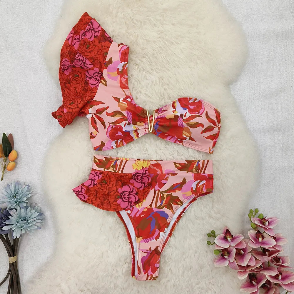 Women's pink floral one-shoulder ruffle swimsuit with high-waist bikini bottoms