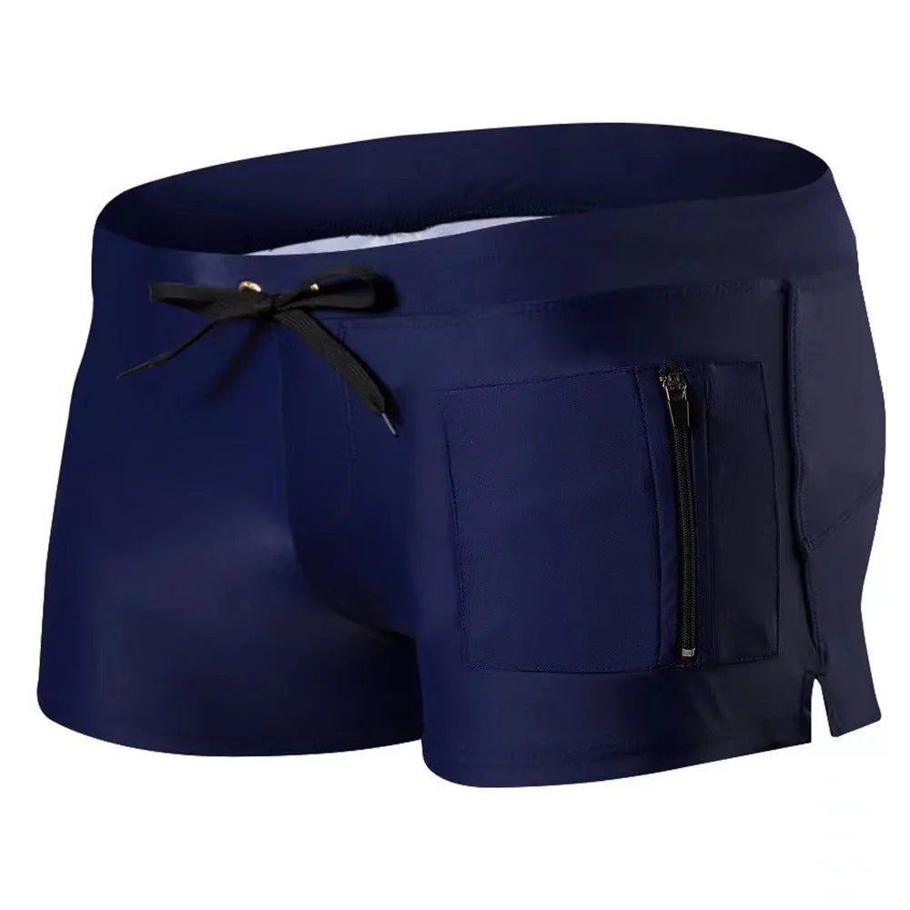 Men's black polyester swimming trunks with high waist and front lace-up closure
