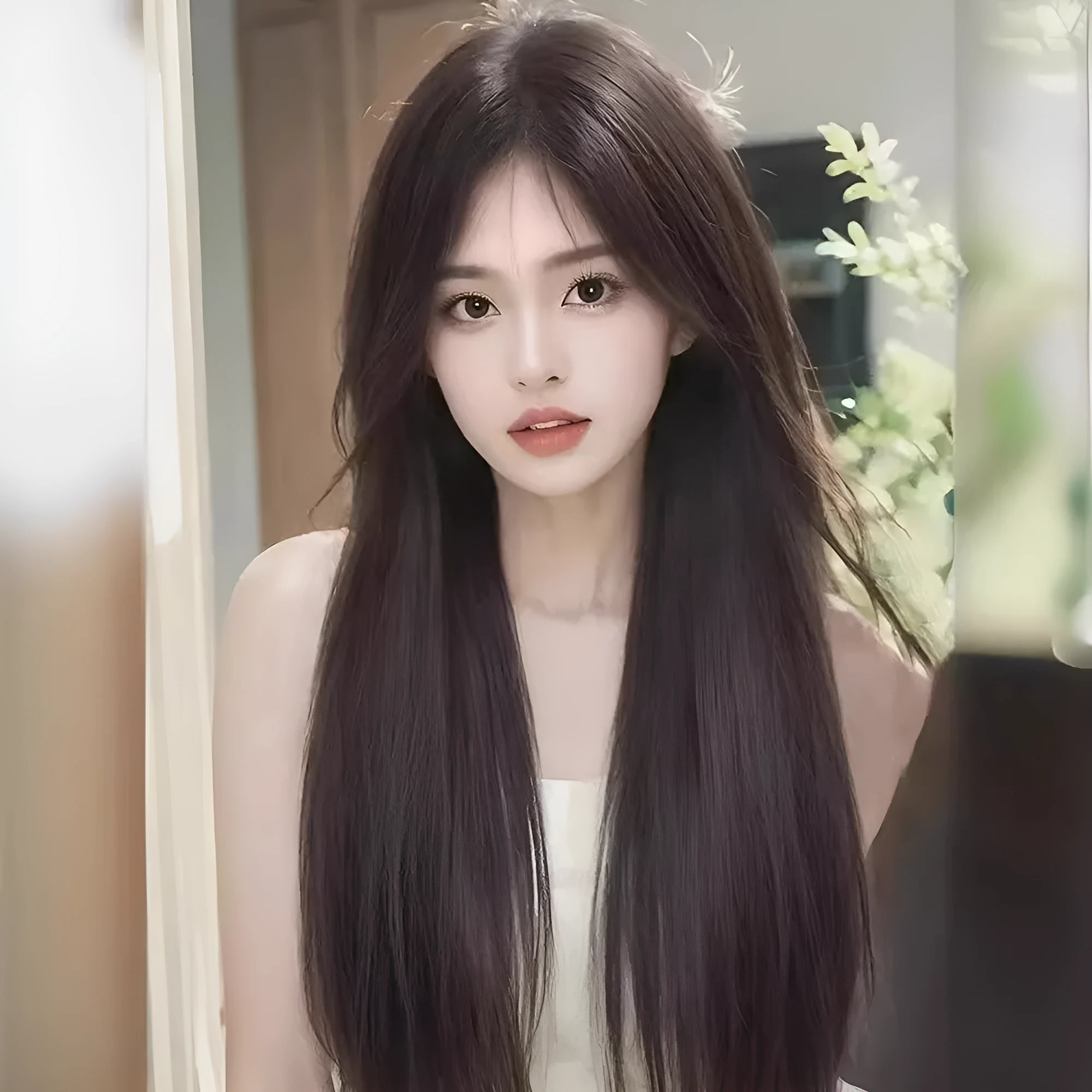 Forehead lace long straight hair full-head wig with side bangs in dark brown