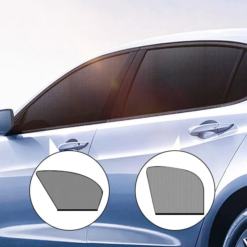Set of five stretchy mesh car side window sunshades for front and rear windows on a vehicle.