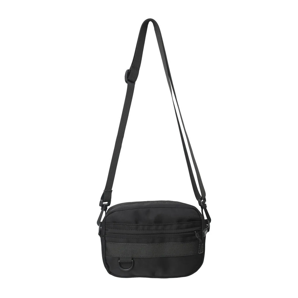 Men's solid colour polyester and nylon crossbody messenger bag shown in black, blue, green, or white.