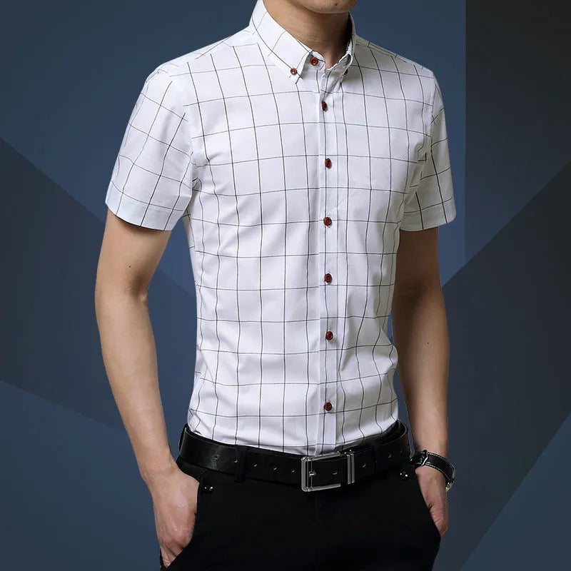 Men's red plaid short sleeve slim fit shirt with cotton blend fabric on a hanger