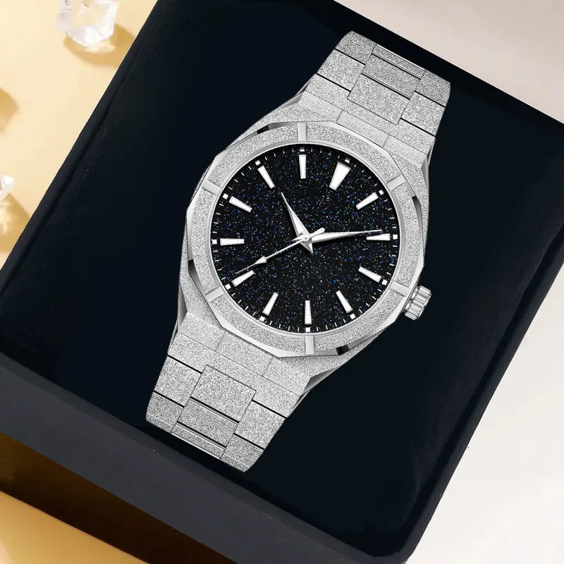 Men's stainless steel business watch with frosted case and luminous markers in black, gold or silver