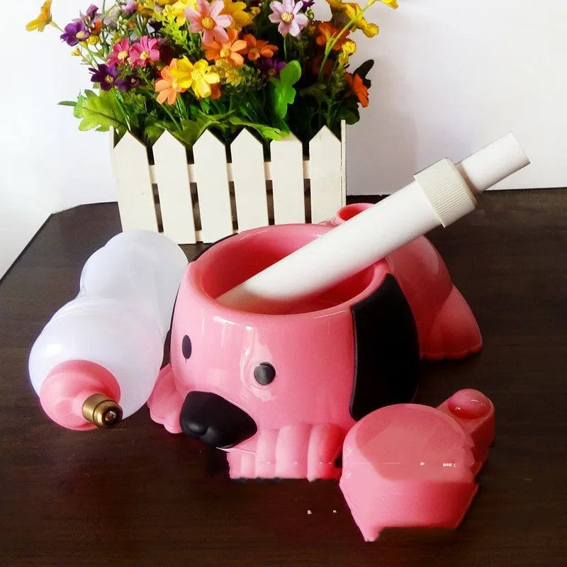 Adjustable plastic pet drinking bowl with rod lifting mechanism in blue pink or yellow reaching 42cm height