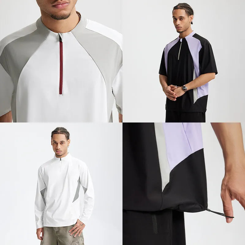 Men's lightweight polyester shirt with stitching detail in black or beige, available in long sleeve and short sleeve versions