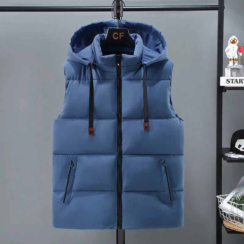 Men's warm thickened solid colour polyester vest with removable cap and straight hem, in blue or black, front view