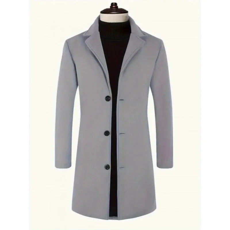 Men's solid colour slim fit trench coat, mercerised polyester, mid-length, side seam pockets, available in black.
