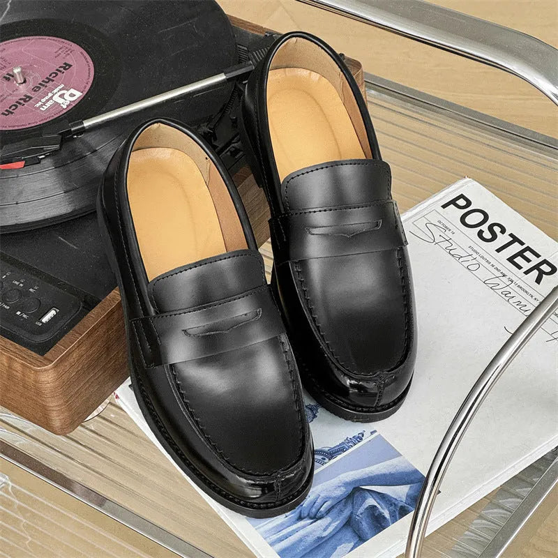 Men's classic slip-on black derby leather shoes with height increasing insole, microfiber upper, rubber sole, sizes 36-46