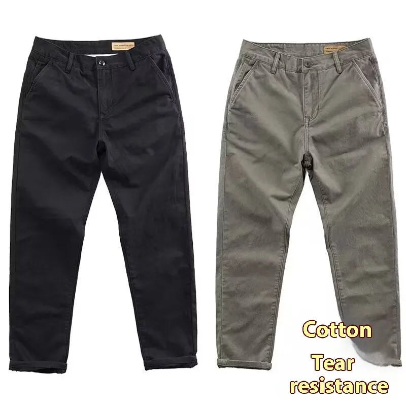 Men's micro elastic high-density slim washed straight-leg trousers in khaki, size M to 4XL